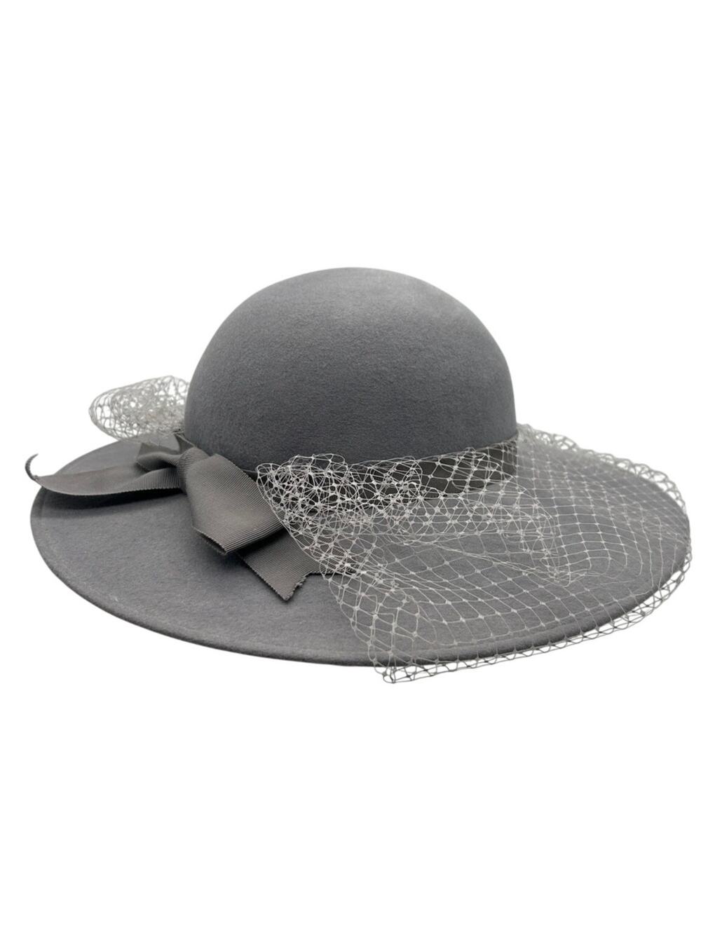 Mr K Originals Vintage Wool Wide Brim Hat S Netted Veil Bow Gray Bollman 21.25"